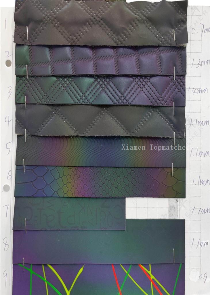 geometric-rainbow-reflective-pu-leather-supplier
