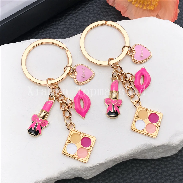 Gold Enamel Lipstick And Makeup Palette Keychain