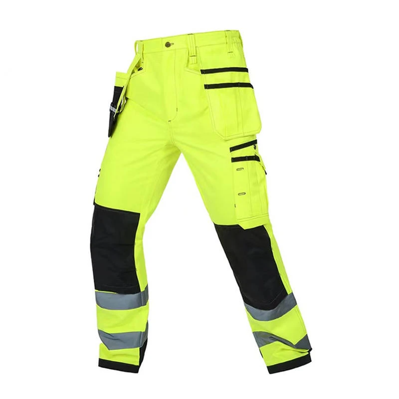 Hi vis work pants with reflective leg tape and reinforced contrast panels for municipal worker safety Hi vis work pants with reflective leg tape and reinforced contrast panels for municipal worker safety