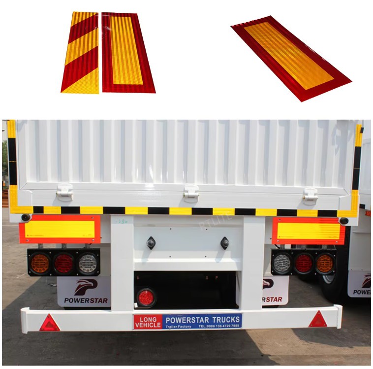 ECE 104 reflective rear marking plate installed on truck trailer for rear vehicle conspicuity ECE 104 reflective rear marking plate installed on truck trailer for rear vehicle conspicuity