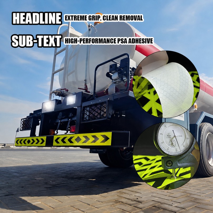 Reflective arrow tape applied on trucks and trailers for high visibility warning and vehicle conspicuity Reflective arrow tape applied on trucks and trailers for high visibility warning and vehicle conspicuity