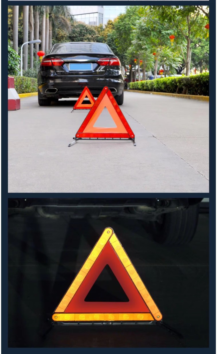 Car warning triangle for roadside breakdown maintenance and vehicle emergency warning Car warning triangle for roadside breakdown maintenance and vehicle emergency warning