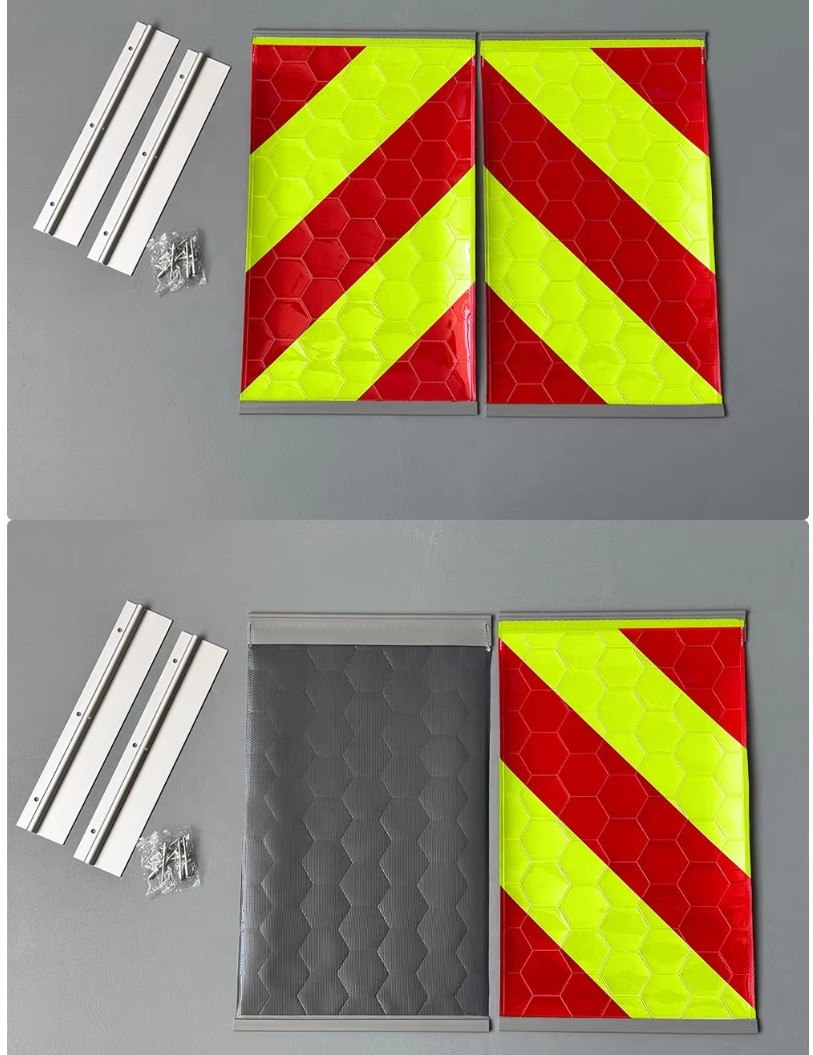 Tail lift warning flag installed on vehicle rear for traffic safety visibility Tail lift warning flag installed on vehicle rear for traffic safety visibility