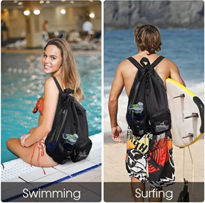 Lightweight mesh drawstring backpack for beach travel sports and promotional packing Lightweight mesh drawstring backpack for beach travel sports and promotional packing