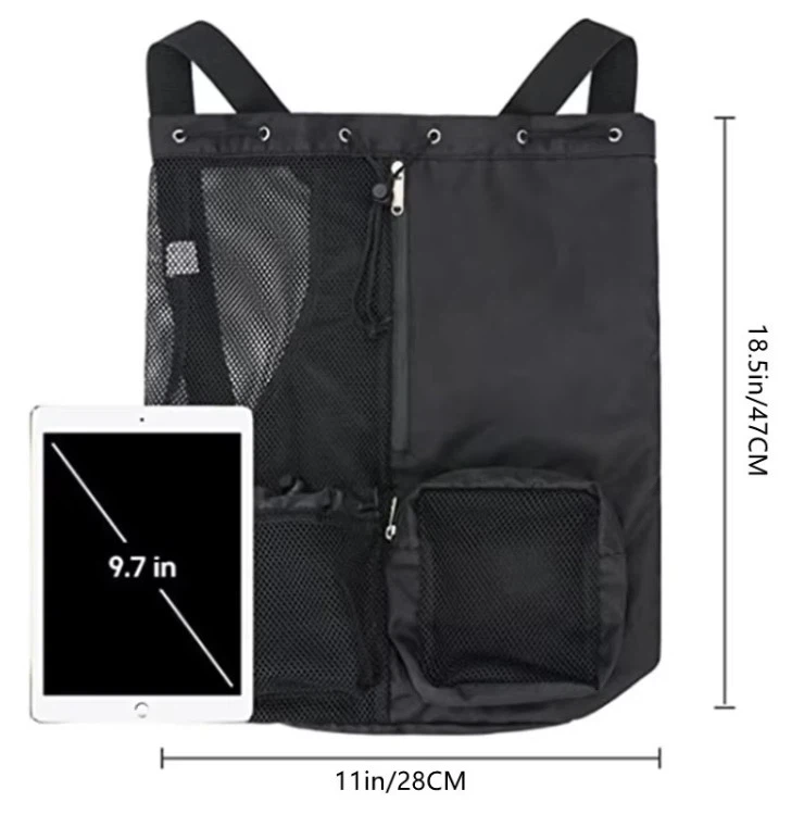 Mesh drawstring backpack with large side pockets and adjustable shoulder straps Mesh drawstring backpack with large side pockets and adjustable shoulder straps