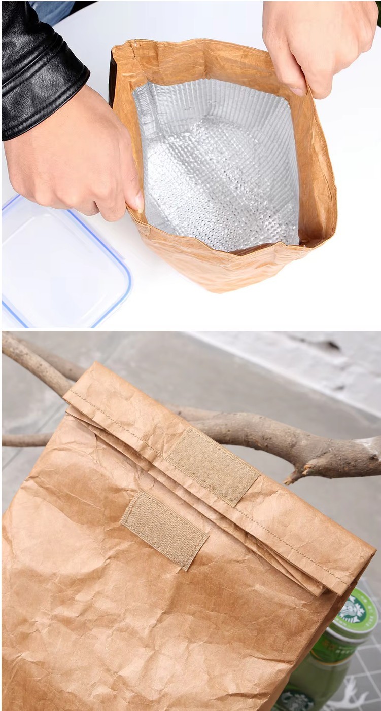Kraft paper insulated lunch bag material with thermal lining and handled construction Kraft paper insulated lunch bag material with thermal lining and handled construction