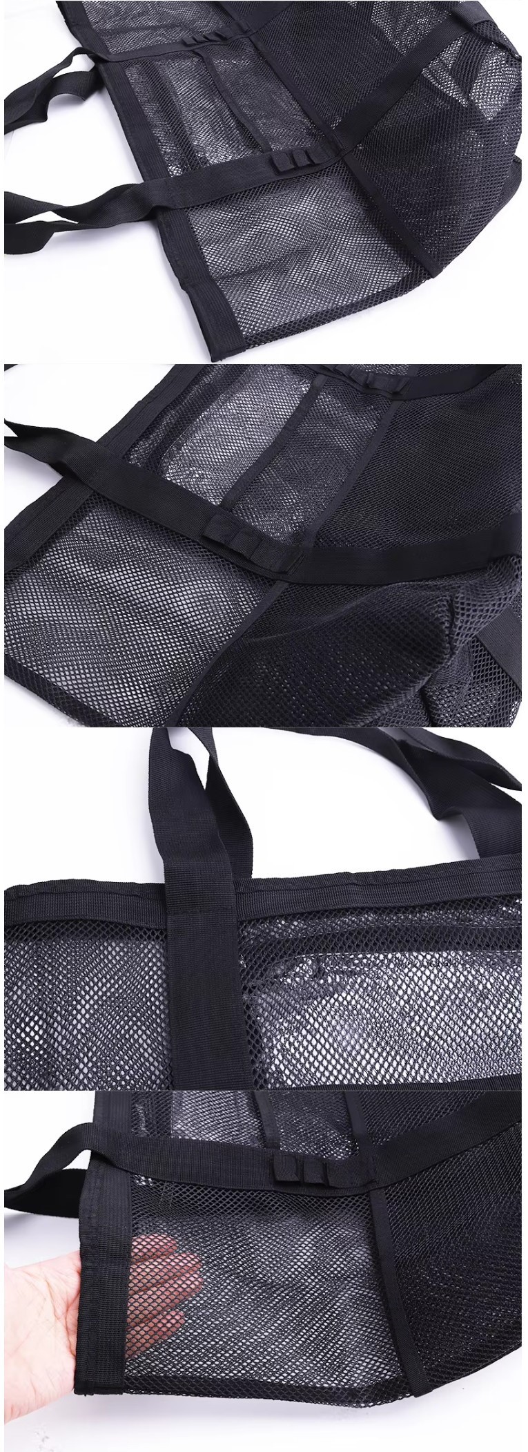 Mesh beach bag material with storage pockets zipper closure and reinforced shoulder straps Mesh beach bag material with storage pockets zipper closure and reinforced shoulder straps