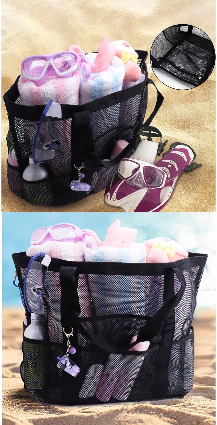 Wholesale large mesh beach bag quality control for pockets zipper and strap stitching Wholesale large mesh beach bag quality control for pockets zipper and strap stitching