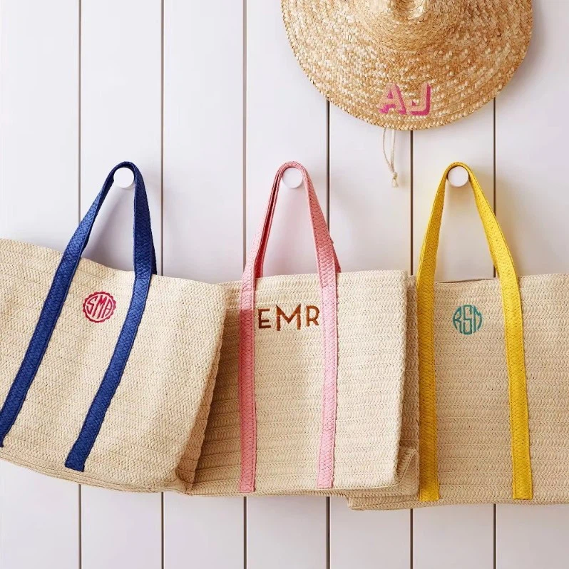 Custom straw beach bag with long handles for wholesale beach travel and retail gift orders Custom straw beach bag with long handles for wholesale beach travel and retail gift orders