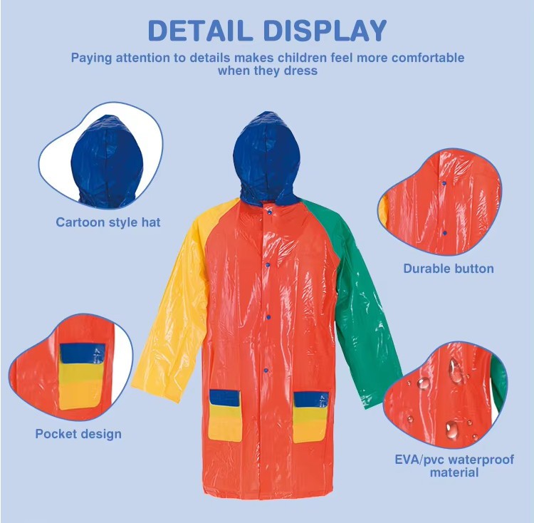 Waterproof kids raincoat with 0.10mm to 0.18mm EVA or PVC material and snap button closure Waterproof kids raincoat with 0.10mm to 0.18mm EVA or PVC material and snap button closure