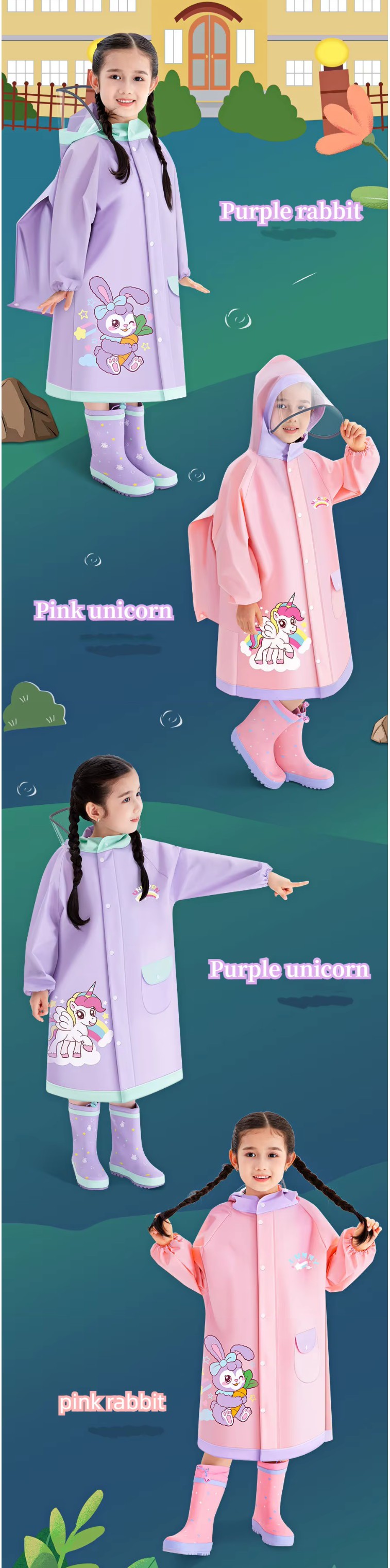 Kids cartoon EVA raincoat with clear brim hood and reflective tape for school travel and outdoor rain Kids cartoon EVA raincoat with clear brim hood and reflective tape for school travel and outdoor rain