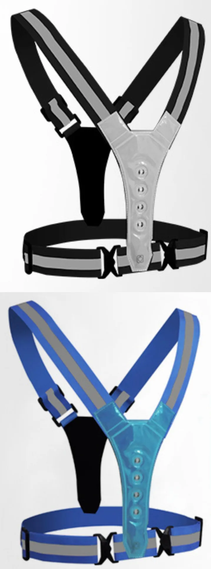 High visibility reflective tape on adjustable LED running vest for low light safety High visibility reflective tape on adjustable LED running vest for low light safety