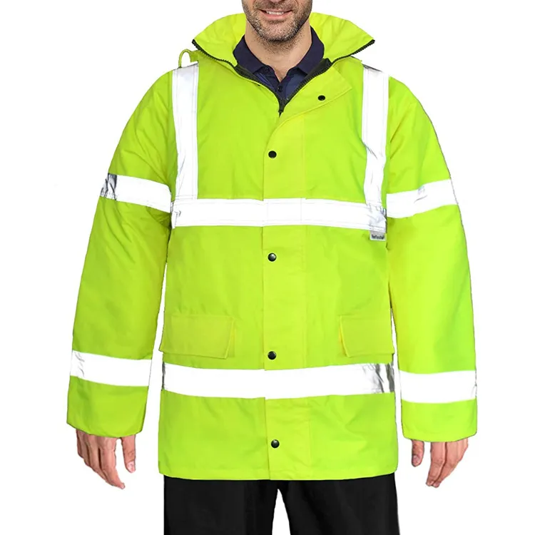 Custom hi vis reflective jacket with polyester shell turn down collar and front zipper placket Custom hi vis reflective jacket with polyester shell turn down collar and front zipper placket