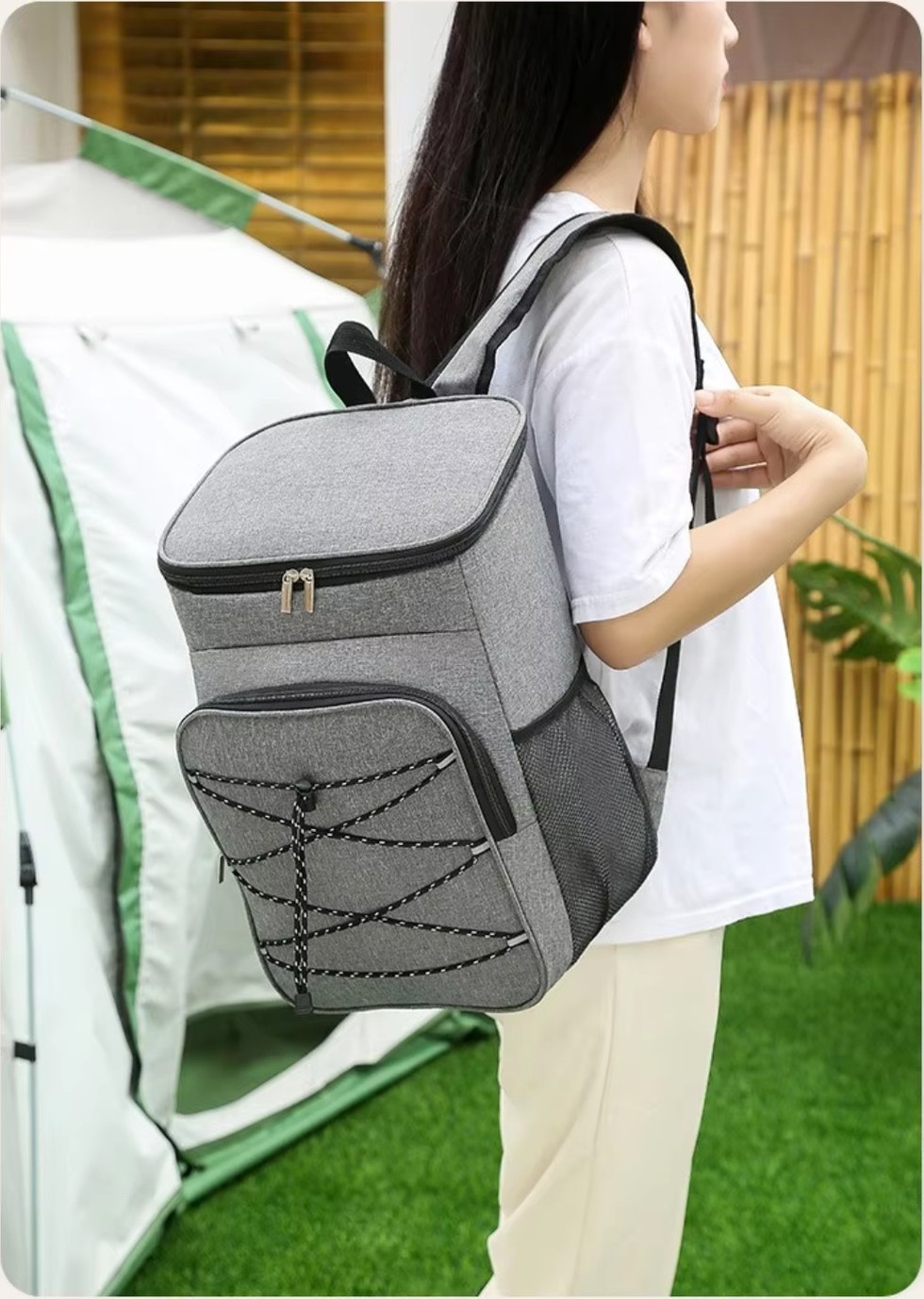 Beach cooler backpack with front mesh pocket and double shoulder straps for outdoor picnic use Beach cooler backpack with front mesh pocket and double shoulder straps for outdoor picnic use