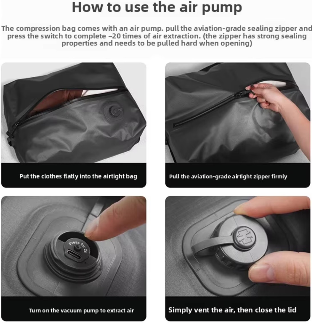 Instruction image showing air-exhaust valve operation for a waterproof travel vacuum compression bag used in suitcase packing Instruction image showing air-exhaust valve operation for a waterproof travel vacuum compression bag used in suitcase packing