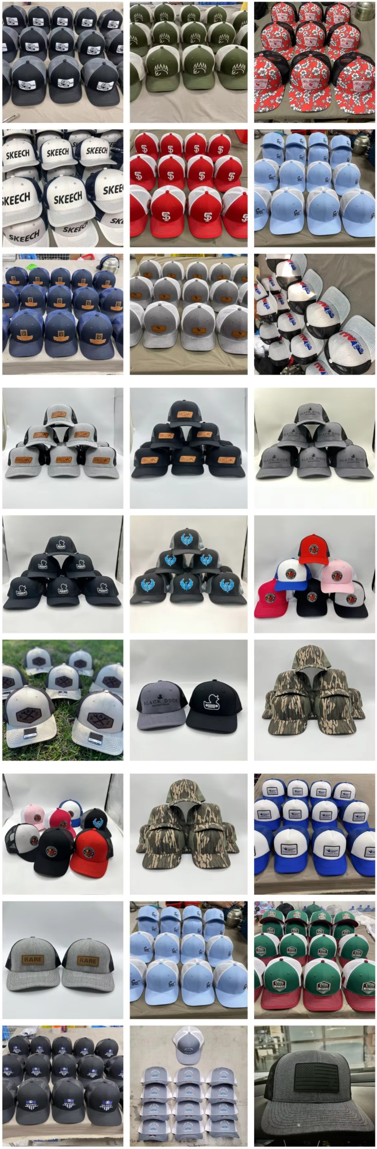 Custom leather patch trucker hats with mesh back panels and adjustable closure for wholesale outdoor headwear orders Custom leather patch trucker hats with mesh back panels and adjustable closure for wholesale outdoor headwear orders