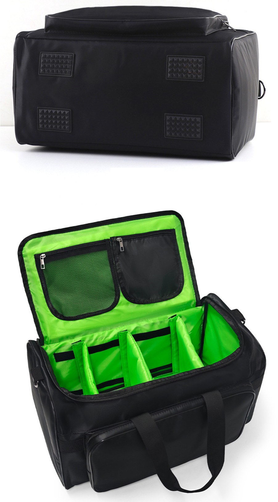 OEM duffel bag detail inspection for padded handle, detachable hook, double zipper and bottom wear-resistant studs OEM duffel bag detail inspection for padded handle, detachable hook, double zipper and bottom wear-resistant studs