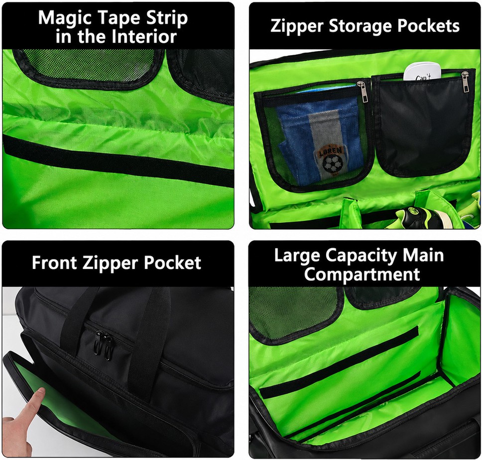 Polyester travel duffel bag interior with divider, mesh organizer pockets and separate shoe compartment for gym packing Polyester travel duffel bag interior with divider, mesh organizer pockets and separate shoe compartment for gym packing