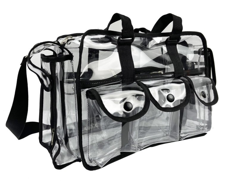 Clear PVC makeup organizer bag with zipper closure, shoulder strap and multiple front pockets for wholesale cosmetic storage orders Clear PVC makeup organizer bag with zipper closure, shoulder strap and multiple front pockets for wholesale cosmetic storage orders
