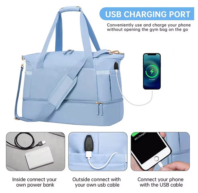 Gym tote bag for women with zipper closure, shoe compartment, shoulder strap and custom logo area for wholesale orders Gym tote bag for women with zipper closure, shoe compartment, shoulder strap and custom logo area for wholesale orders