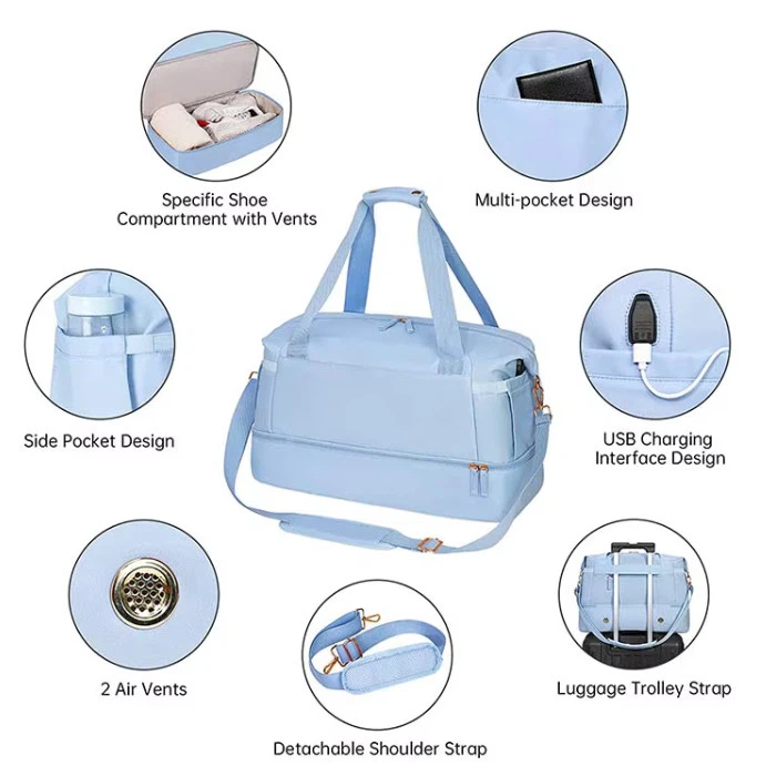 Waterproof nylon gym tote duffel bag detail with wet pocket, USB charging port and reinforced zipper construction Waterproof nylon gym tote duffel bag detail with wet pocket, USB charging port and reinforced zipper construction