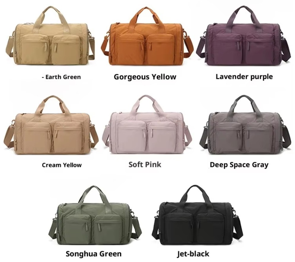 Lightweight polyester duffel bag with front pockets and adjustable shoulder strap for wholesale travel buyers Lightweight polyester duffel bag with front pockets and adjustable shoulder strap for wholesale travel buyers