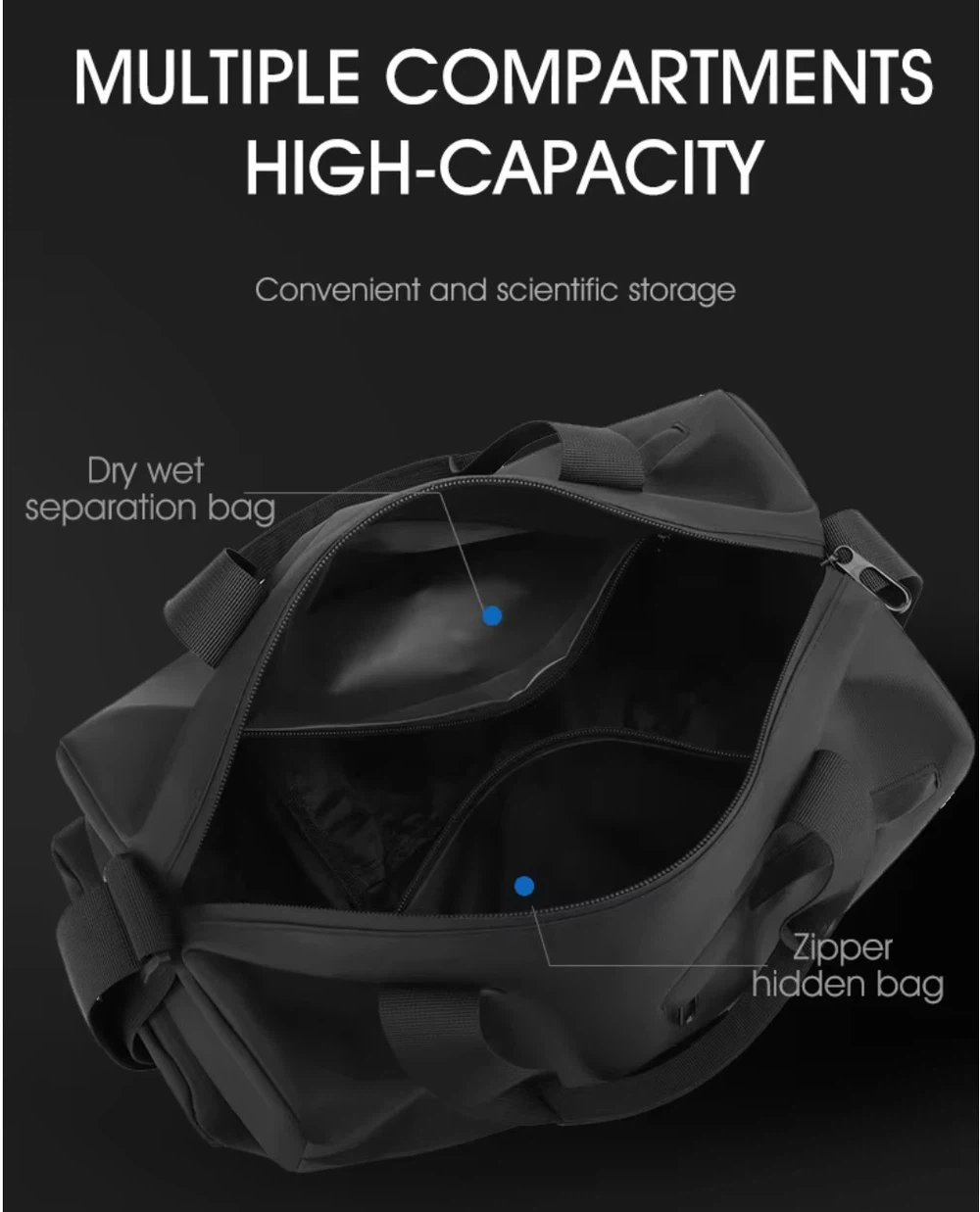 Water resistant Oxford gym duffle bag material with zipper closure and polyester lining Water resistant Oxford gym duffle bag material with zipper closure and polyester lining