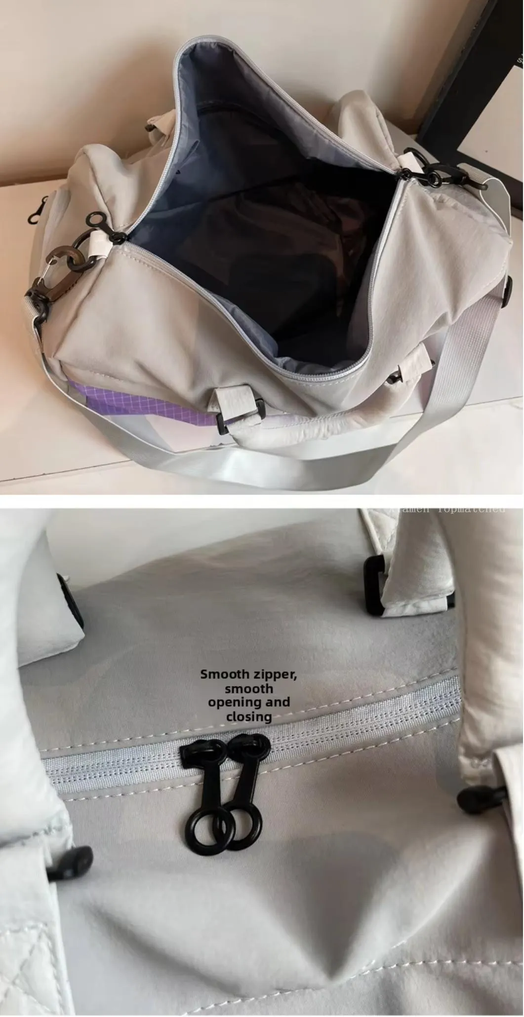 Polyester sports duffel bag with zipper closure reinforced handles and shoulder strap detail Polyester sports duffel bag with zipper closure reinforced handles and shoulder strap detail