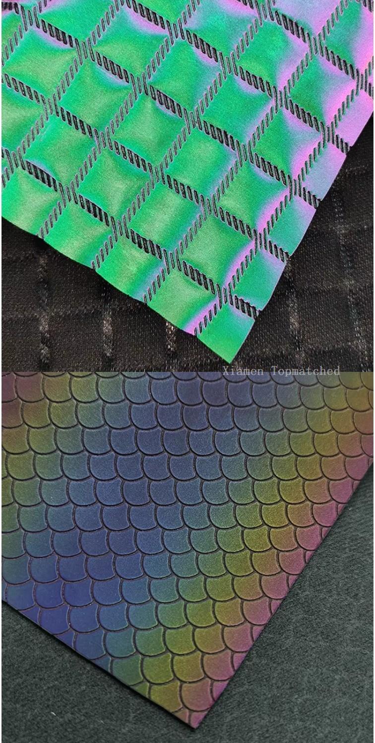 Embossed reflective PU leather surface with woven backing for bag and upholstery production Embossed reflective PU leather surface with woven backing for bag and upholstery production