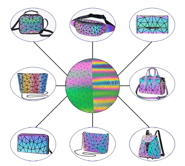 Rainbow reflective faux leather used for handbags shoes luggage and decorative upholstery panels Rainbow reflective faux leather used for handbags shoes luggage and decorative upholstery panels