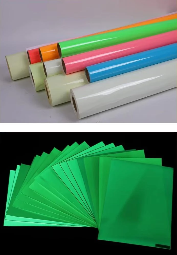 Photoluminescent adhesive vinyl film with green glow effect for custom vehicle and safety signage applications Photoluminescent adhesive vinyl film with green glow effect for custom vehicle and safety signage applications