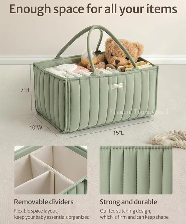 Quilted cotton diaper caddy with reinforced stitching and handles for reusable nursery storage Quilted cotton diaper caddy with reinforced stitching and handles for reusable nursery storage