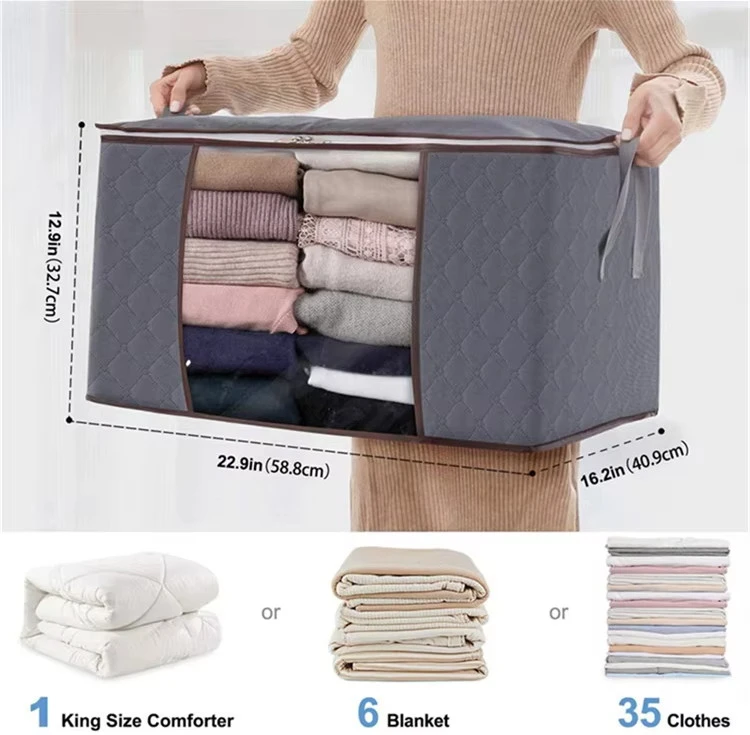 Non-woven wardrobe storage bag dimensions 22.9x16.2x12.9 inch showing capacity for 1 King size comforter, 6 blankets, or 35 clothes Non-woven wardrobe storage bag dimensions 22.9x16.2x12.9 inch showing capacity for 1 King size comforter, 6 blankets, or 35 clothes