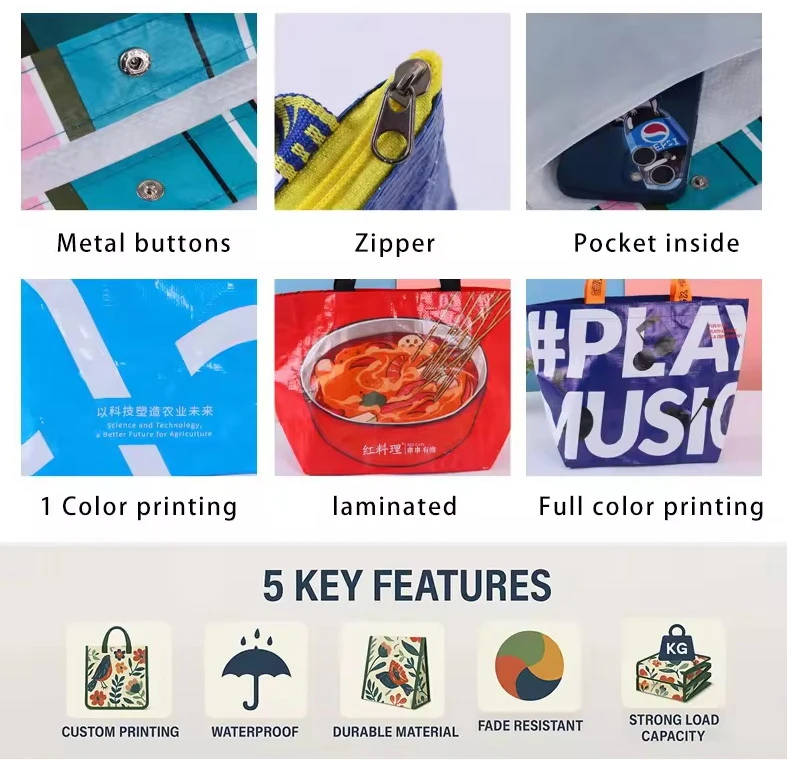 Detailed features infographic for custom PP woven tote bags showing metal snap buttons, zipper closure, inside pocket, 1-color to full-color lamination printing options, and key performance highlights. Detailed features infographic for custom PP woven tote bags showing metal snap buttons, zipper closure, inside pocket, 1-color to full-color lamination printing options, and key performance highlights.