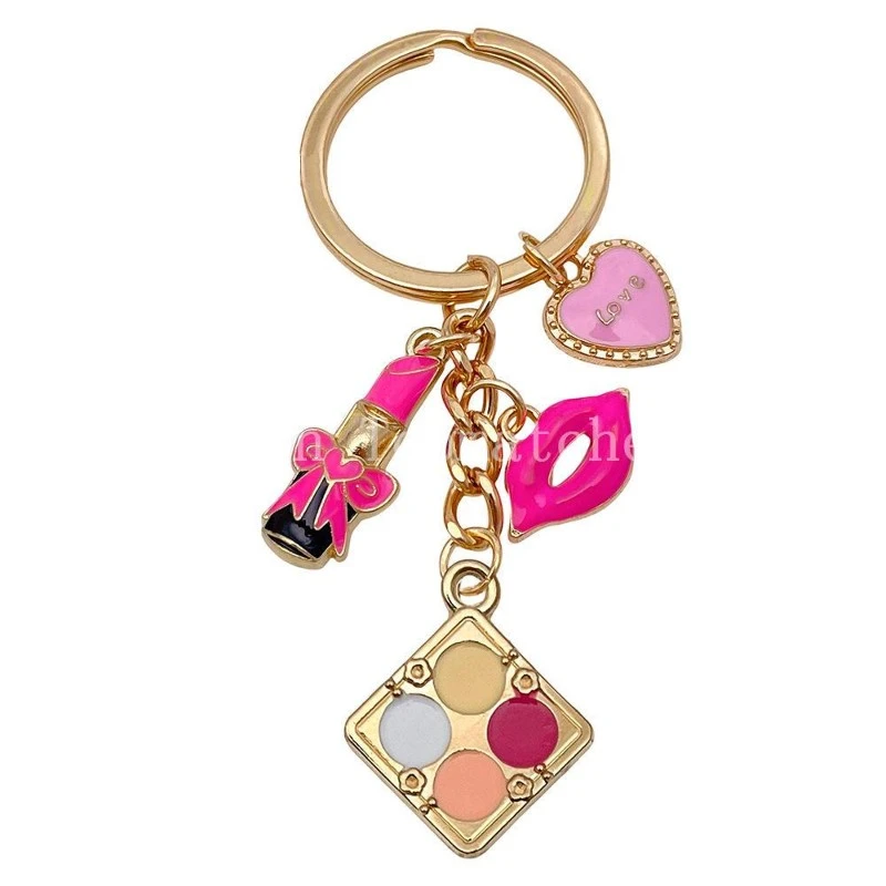 Custom metal lipstick keychain with pink enamel charms Custom metal lipstick keychain with pink enamel charms