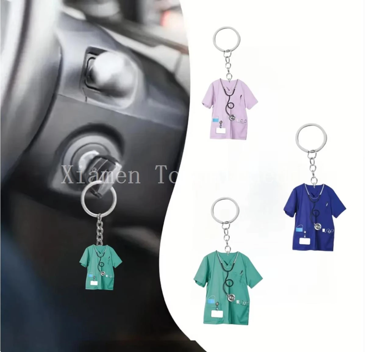 Custom nurse scrub keychain pendant attached to a car key in ignition switch Custom nurse scrub keychain pendant attached to a car key in ignition switch