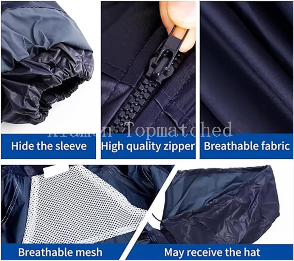 Detailed technical specifications of motorcycle rain jacket showing elastic windproof cuffs, heavy-duty waterproof zipper, breathable polyester fabric, ventilation mesh lining, and packable hood Detailed technical specifications of motorcycle rain jacket showing elastic windproof cuffs, heavy-duty waterproof zipper, breathable polyester fabric, ventilation mesh lining, and packable hood