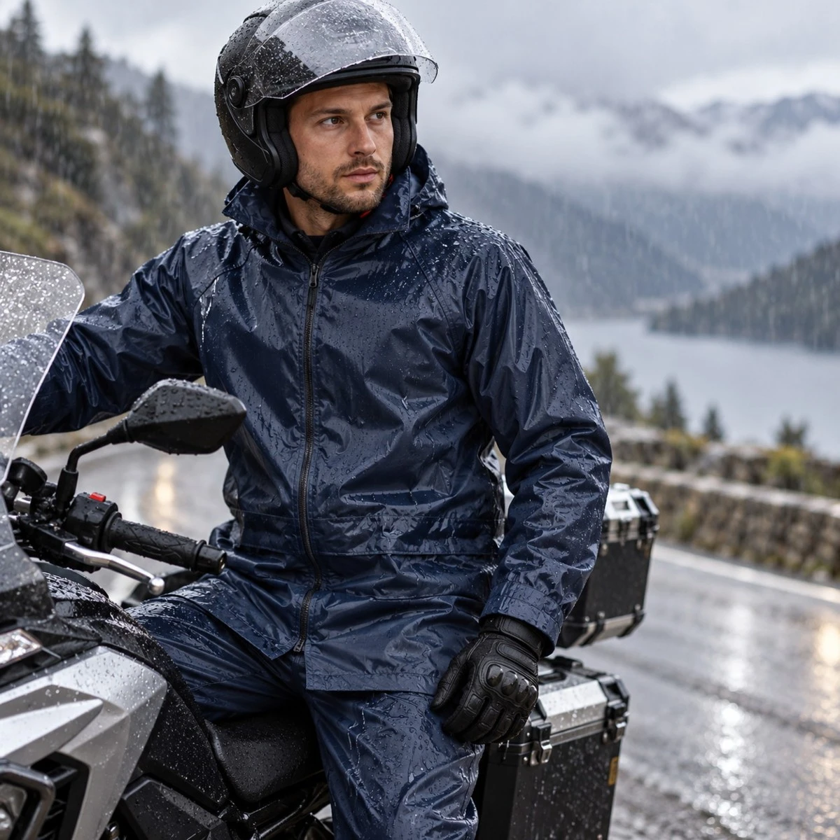 Heavy-duty waterproof breathable motorcycle rain jacket worn in outdoor riding environment Heavy-duty waterproof breathable motorcycle rain jacket worn in outdoor riding environment