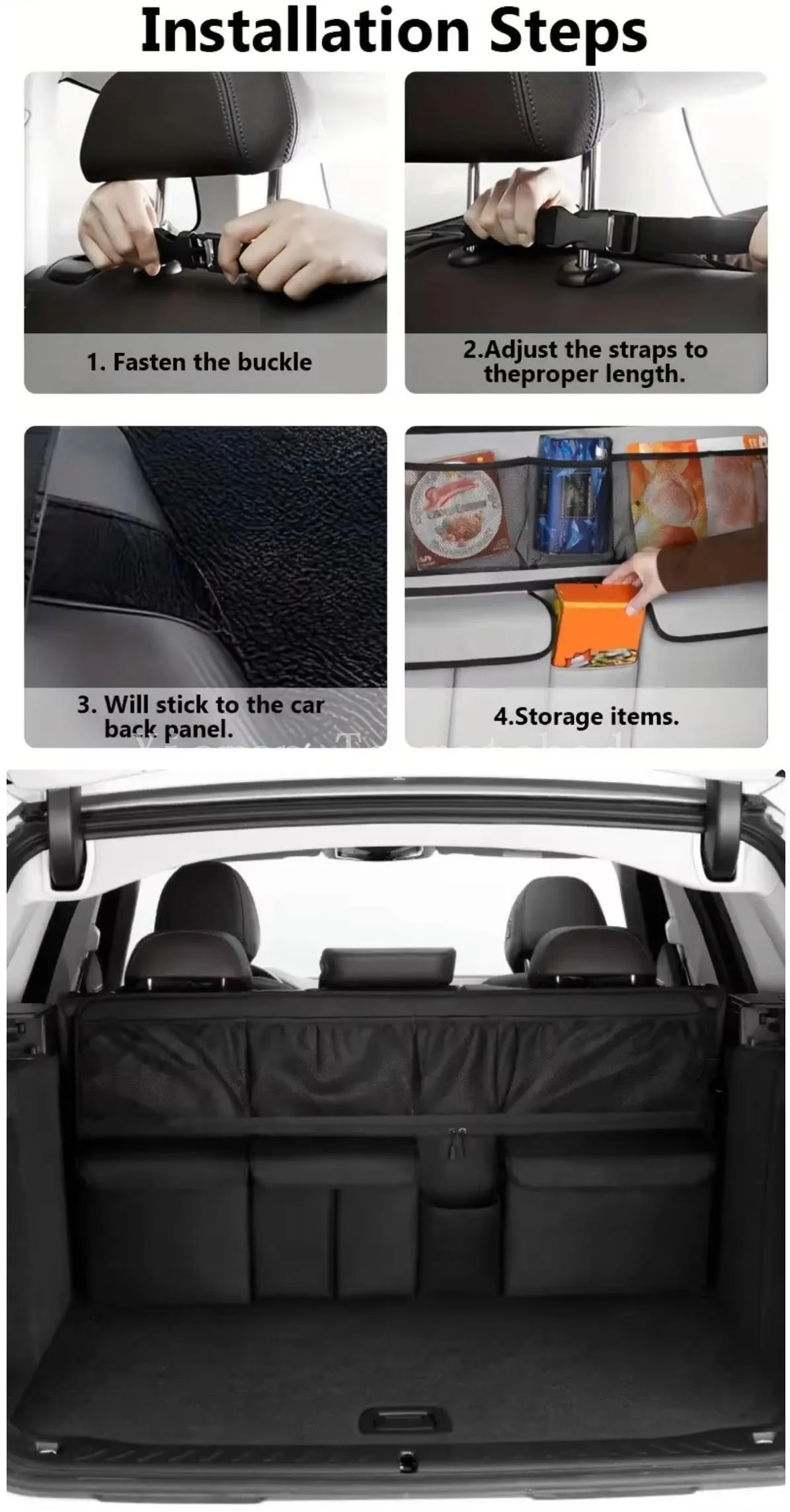 Hanging car trunk storage bag installed on SUV backseat with Oxford fabric compartments Hanging car trunk storage bag installed on SUV backseat with Oxford fabric compartments