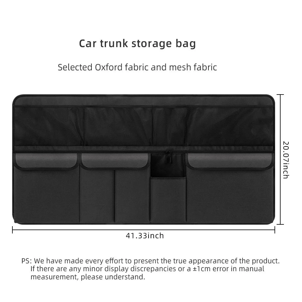 Technical dimensions of hanging car trunk organizer storage bag measuring 41.33 by 20.07 inches in Oxford and mesh fabric Technical dimensions of hanging car trunk organizer storage bag measuring 41.33 by 20.07 inches in Oxford and mesh fabric