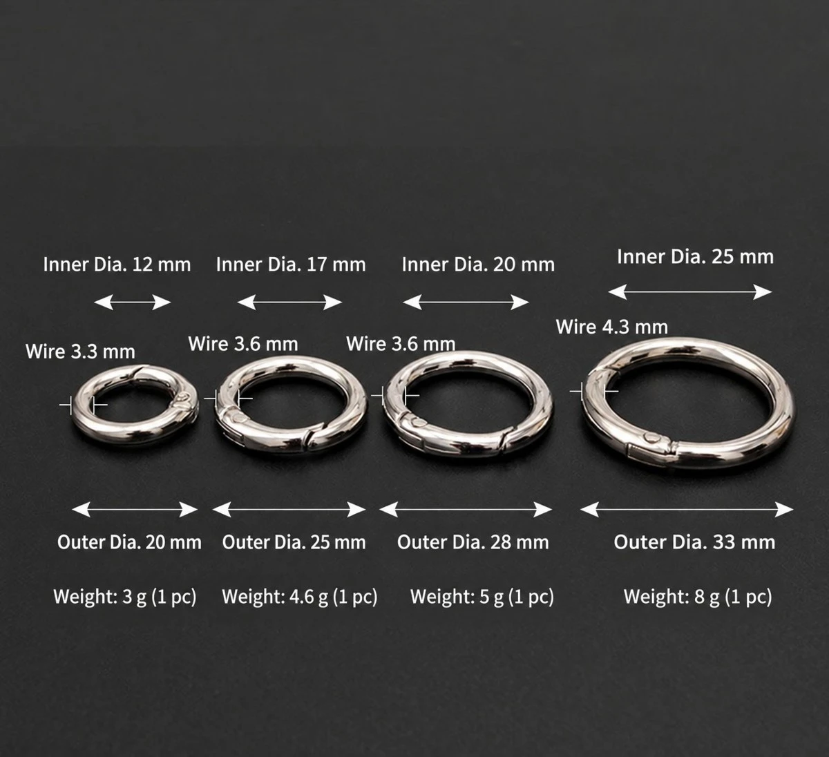 Technical inner diameter and thickness measurement of round spring snap rings Technical inner diameter and thickness measurement of round spring snap rings