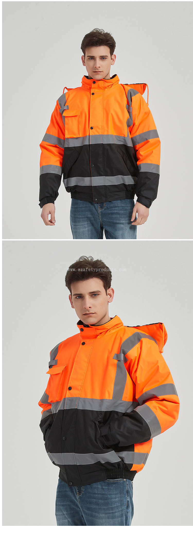 300D Oxford waterproof hi vis hooded safety jacket orange with black bottom 300D Oxford waterproof hi vis hooded safety jacket orange with black bottom