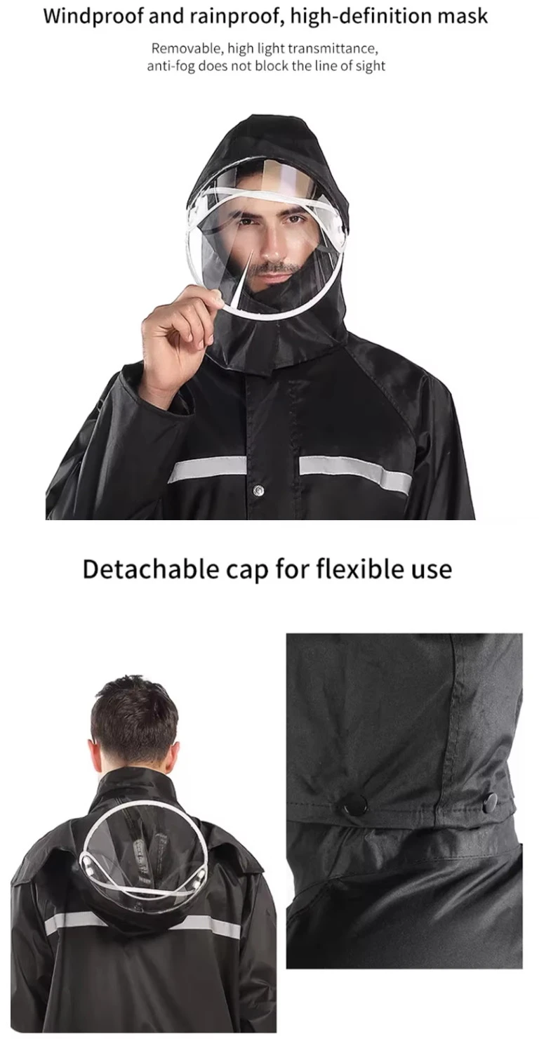 Polyester coated PVC reflective raincoat with waterproof buttons and hood structure