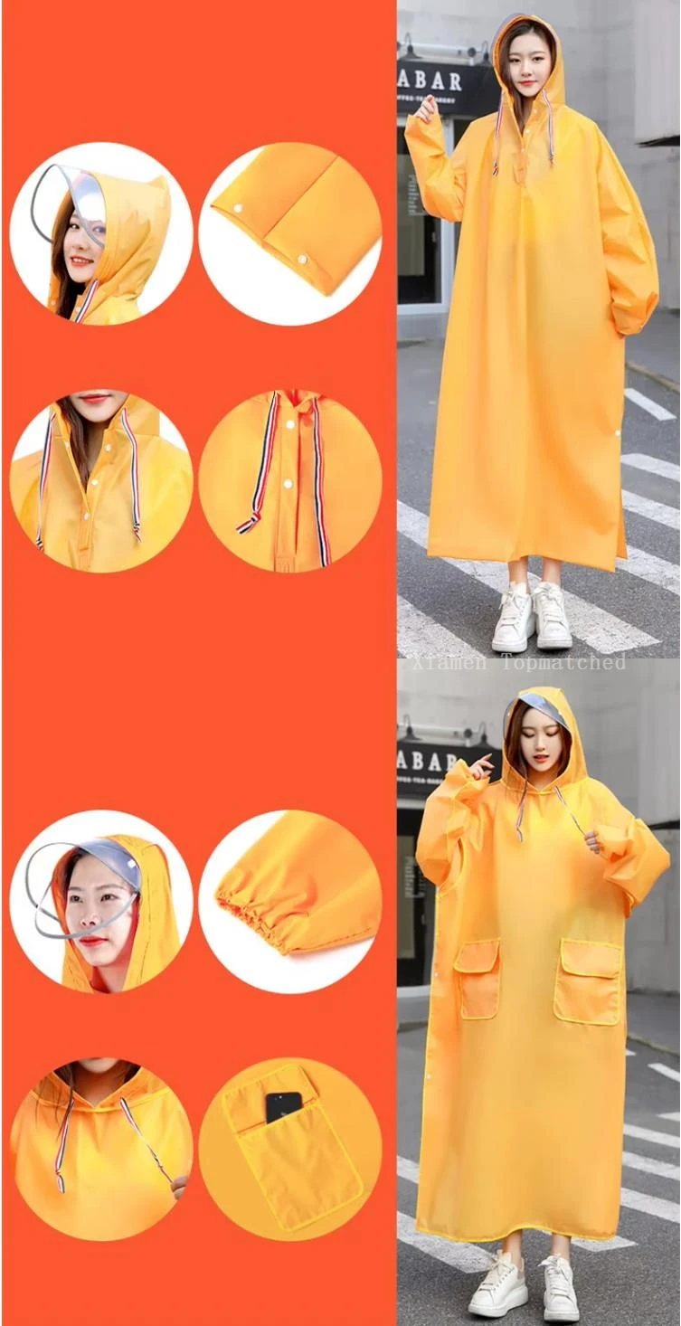 Waterproof EVA raincoat material with brim hood and drawcord detail