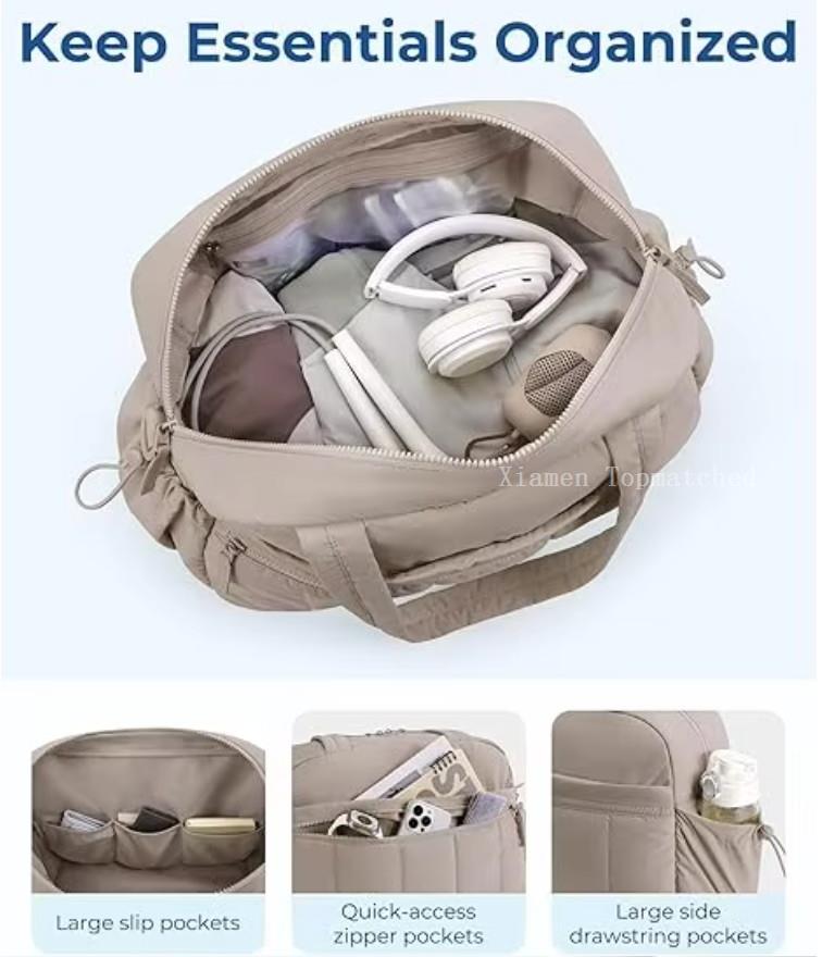 Waterproof polyester puffer gym bag material with zipper and reinforced handle stitching