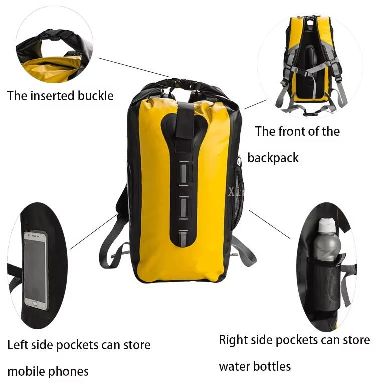 PVC tarpaulin waterproof backpack with roll top buckle removable strap and screen print logo area