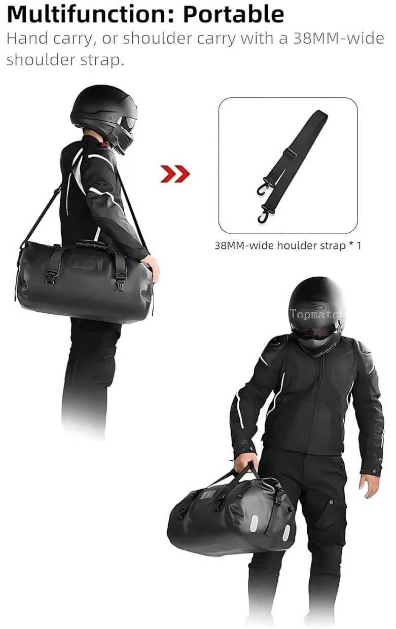 Motorcycle waterproof duffel bag with roll top closure and fixing straps for rear seat mounting Motorcycle waterproof duffel bag with roll top closure and fixing straps for rear seat mounting