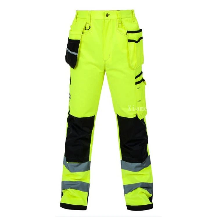 Municipal safety work pants with reflective leg tape and black contrast panels for road crews Municipal safety work pants with reflective leg tape and black contrast panels for road crews
